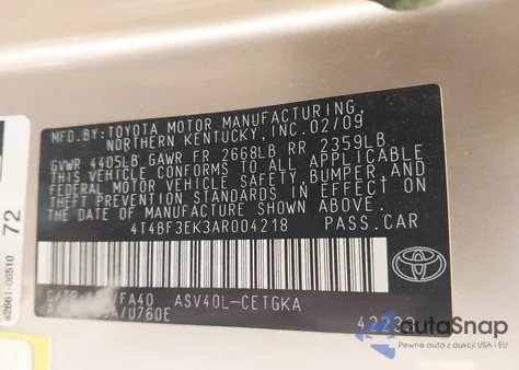 2010 Toyota Camry Xle z USA, uszkodzony, nr VIN 4T4BF3EK3AR004218